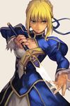  ahoge artoria_pendragon_(all) blonde_hair braid closed_mouth collarbone cowboy_shot excalibur fate/stay_night fate_(series) french_braid green_eyes hair_ribbon hankuri invisible_air looking_to_the_side ribbon saber sidelocks solo sword weapon 