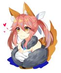  animal_ears bare_shoulders blush breasts cleavage fate/extella fate/extra fate/grand_order fate_(series) fox_ears fox_tail fur_collar fur_trim graphite_(medium) heart highres huasha japanese_clothes jewelry large_breasts looking_away pink_hair sarashi smile solo tail tamamo_(fate)_(all) tamamo_no_mae_(fate) traditional_media yellow_eyes 