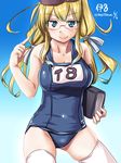  blonde_hair blue_eyes blue_swimsuit book cowboy_shot glasses hat i-8_(kantai_collection) kantai_collection long_hair low_twintails name_tag one-piece_swimsuit peaked_cap red-framed_eyewear sailor_hat school_swimsuit semi-rimless_eyewear solo swimsuit tatsumi_ray thighhighs twintails under-rim_eyewear white_legwear 