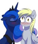  2017 blonde_hair blue_feathers blue_hair blush derp_eyes derpy_hooves_(mlp) duo equine eyelashes eyes_closed feathered_wings feathers female female/female feral friendship_is_magic grey_feathers hair hi_res horn kissing long_hair mammal momomistress my_little_pony open_mouth pegasus princess_luna_(mlp) simple_background white_background winged_unicorn wings yellow_eyes 