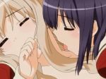  2girls animated animated_gif black_hair blonde_hair couple kawamura_reo licking looking_at_another lowres moaning multiple_girls sawaguchi_mai school_uniform sono_hanabira_ni_kuchizuke_wo uniform yuri 