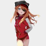  animal_hat blue_eyes blush cat_hat evangelion:_3.0_you_can_(not)_redo eyepatch hands_in_pockets hat jpeg_artifacts long_hair looking_at_viewer mebae neon_genesis_evangelion open_mouth orange_hair rebuild_of_evangelion shikinami_asuka_langley simple_background solo souryuu_asuka_langley torn_clothes two_side_up 