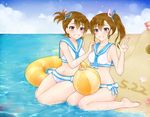  ball beach beachball bikini blush cloud commentary_request dated day flag futami_ami futami_mami hair_tie hand_on_another's_shoulder highres idolmaster idolmaster_(classic) inflatable_toy looking_at_viewer matching_outfit multiple_girls nakamura_(mugenlism) ocean outdoors sailor_bikini sailor_collar sailor_swimsuit_(idolmaster) sand_castle sand_sculpture siblings side_ponytail sky smile swimsuit twins v 