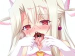  bare_shoulders blush breath cum cum_in_mouth cum_on_hair ear earrings facial fate/kaleid_liner_prisma_illya fate_(series) feathers finger_in_mouth gloves hair_feathers heart heart-shaped_pupils illyasviel_von_einzbern jewelry long_hair looking_at_viewer magical_girl mouth_pull open_mouth oral_invitation prisma_illya red_eyes saliva silver_hair simple_background solo soukai_(lemonmaiden) symbol-shaped_pupils teeth tongue tongue_out white_background white_gloves 