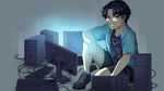  1boy blue_shirt computer computer_mouse glasses keyboard open_shirt purple_eyes purple_hair shirt shoelaces shoes single_shoe solo upscaled web_address 