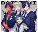  :d abandon_ranka black_gloves black_hair blue_hair brown_hair crossed_arms dark_skin dark_skinned_male eyepatch formal gloves male_focus multiple_boys necktie ookurikara open_mouth partly_fingerless_gloves shokudaikiri_mitsutada smile suit taikogane_sadamune touken_ranbu tsurumaru_kuninaga white_hair yellow_eyes 