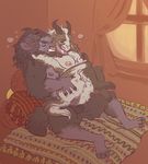  2017 3_toes 4_fingers anthro balls bedding big_breasts black_fur black_hair black_horn blanket breast_grab breasts brown_fur butt butt_grab caprine chair_position clitoris countershade_face countershade_tail countershade_torso countershading digital_media_(artwork) digital_painting_(artwork) dreadlocks duo ear_piercing eyes_closed facial_piercing feet female fluffy fluffyboobs from_behind_position fur gauged_ear grey_countershading grey_fur grey_nipples hair hand_on_breast hand_on_butt head_tuft hi_res hooved_fingers hooved_toes horn humanoid_feet humanoid_hands humanoid_penis inside legs_up long_ears lounging male male/female male_penetrating mammal multicolored_fur nipples nose_piercing nose_ring panting penis piercing pillow pink_nipples pink_pussy pussy pussy_juice pussy_juice_drip reverse_countershading sex sheep short_tail sitting small_tail smile tail_tuft tan_countershading tan_fur toes tuft warm_colors window 