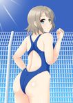  1girl ass back back_opening bare_shoulders blue_eyes blush breasts brown_hair from_behind looking_at_viewer love_live! love_live!_sunshine!! one-piece_swimsuit school_swimsuit shiny shiny_clothes shiny_hair shiny_skin short_hair sideboob smile solo sonochi swimsuit watanabe_you 