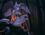  anthro bat blue_eyes breasts canine clothed clothing detailed_background eyelashes female forest hair hybrid mammal membranous_wings night outside purple_hair smile solo tree wide_hips wings wyla 