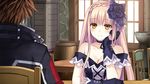  blonde_hair blush fairy_fencer_f fang_(fairy_fencer_f) flower from_behind game_cg hair_flower hair_ornament hand_on_own_cheek hands_on_own_face long_hair mariano_(fairy_fencer_f) official_art smile tsunako yellow_eyes 