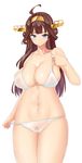  absurdres ahoge areolae bangs bikini bikini_pull blue_eyes blunt_bangs breasts brown_hair cowboy_shot double_bun gradient_hair highres hips kantai_collection kongou_(kantai_collection) large_breasts long_hair looking_at_viewer mokkori9 multicolored_hair pubic_hair purple_hair pussy see-through shiny shiny_hair shiny_skin simple_background skindentation smile solo stomach swimsuit thighs white_background white_bikini 