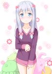  bangs blue_eyes blush bow closed_mouth collarbone commentary_request cowboy_shot eromanga_sensei eyebrows_visible_through_hair floral_background grey_hair hair_bow hand_up hiro9779 izumi_sagiri light_frown long_hair looking_at_viewer pink_bow silver_hair solo stuffed_animal stuffed_bunny stuffed_octopus stuffed_toy tareme v-neck 