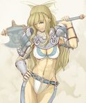  ;p abs armpits axe blonde_hair blue_eyes bow bracer breasts chain chain_belt charlotte_(fire_emblem_if) cleavage commentary_request contrapposto eyelashes fire_emblem fire_emblem_if grey_background hair_bow hand_on_hip hand_up holding holding_axe holding_weapon large_bow large_breasts long_hair midriff nail_polish navel nonji_(sayglo_halo) one_eye_closed over_shoulder pauldrons pink_nails sidelocks solo standing tongue tongue_out very_long_hair wavy_hair weapon weapon_over_shoulder white_bow 