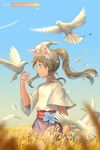  animal animal_ears animal_on_head arm_at_side bangs bird bird_on_head blue_flower blue_sky blurry breasts brown_hair cat_ears cat_girl closed_mouth cowboy_shot day depth_of_field dove earrings field floating_hair flower from_side frown green_eyes high_ponytail jewelry kitsu+3 long_hair looking_at_another looking_away motion_blur on_head original outdoors ponytail profile sash short_sleeves sidelocks skirt sky small_breasts watermark web_address wide_sleeves wind 