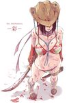  1girl artist_request aya_(oneechanbara) bikini black_hair blood bloodstain boots cowboy_boots cowboy_hat dark_hair english female hat hat_over_eyes katana onechanbara oneechanbara scarf sheath short_hair smile solo standing swimsuit sword the_onechanbara the_oneechanbara weapon 