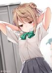  ascot blurry blurry_background bra brown_eyes brown_hair double_bun dx_(dekusu) green_bra green_neckwear green_panties grey_skirt highres kantai_collection michishio_(kantai_collection) multiple_girls ooshio_(kantai_collection) panties pleated_skirt shirt short_hair short_sleeves short_twintails skirt solo_focus suspenders twintails twitter_username underwear underwear_only white_shirt 