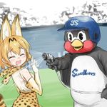  animal_ears blonde_hair commentary_request crossover elbow_gloves gloves hose kemono_friends mascot monbetsu_kuniharu nippon_professional_baseball open_mouth parody real_life serval_(kemono_friends) serval_ears serval_print serval_tail short_hair shower_head showering sleeveless stadium tail tokyo_yakult_swallows tsubakurou 