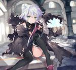  abusoru bandaged_arm bandages belt black_belt black_legwear black_panties cape dagger dual_wielding fate/apocrypha fate_(series) green_eyes highres holding holding_weapon jack_the_ripper_(fate/apocrypha) looking_at_viewer panties scar short_hair silver_hair sitting solo thighhighs torn_clothes underwear weapon window 