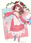  1girl blush brown_hair character_name copyright_name detached_sleeves eyebrows_visible_through_hair flower fuda_yumine full_body highres looking_at_viewer okayparium open_mouth plant red_eyes red_flower red_rose rose short_hair smile solo stella_no_mahou vines 