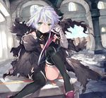  abusoru bandaged_arm bandages belt black_belt black_legwear black_panties cape dagger dual_wielding fate/apocrypha fate_(series) green_eyes highres holding holding_weapon jack_the_ripper_(fate/apocrypha) looking_at_viewer panties scar short_hair silver_hair sitting solo thighhighs torn_clothes underwear weapon window 