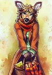  anthro apple basket brown_eyes cervine clothed clothing cookie deer ear_piercing female food fruit fully_clothed mammal piercing scarf solo tasanko 