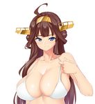  blue_eyes breasts brown_hair highres kantai_collection kongou_(kantai_collection) large_breasts long_hair looking_at_viewer mokkori9 simple_background smile solo swimsuit upper_body white_background 