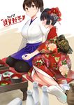  2girls alcohol commentary_request cup female_admiral_(kantai_collection) floral_print flower food hair_flower hair_ornament japanese_clothes kaga_(kantai_collection) kantai_collection kanzashi kimono long_hair long_sleeves minase_(takaoka_nanase) multiple_girls new_year obi sakazuki sake sash tabi translation_request 