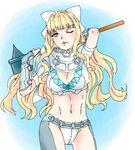  arms_behind_head axe belt blonde_hair blue_background blue_eyes bow bracer breasts charlotte_(fire_emblem_if) cleavage commentary_request contrapposto fire_emblem fire_emblem_heroes fire_emblem_if hair_bow hiwamoegi holding holding_axe holding_weapon large_breasts lips long_hair looking_at_viewer midriff navel one_eye_closed sidelocks solo standing thighs wavy_hair weapon white_bow 