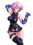  armor armored_dress blush boots elbow_gloves fate/grand_order fate_(series) gloves hair_over_one_eye highres imdsound looking_at_viewer mash_kyrielight open_mouth pink_hair purple_eyes purple_gloves short_hair simple_background solo thigh_boots thigh_strap thighhighs 
