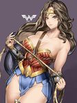  artist_name bare_shoulders blue_skirt bracer breasts brown_eyes brown_hair cleavage closed_mouth collarbone commentary dated dc_comics dutch_angle headpiece highres holding_rope kumiko_shiba large_breasts lasso leotard lips long_hair looking_at_viewer purple_background rope shield simple_background skirt solo standing strapless strapless_leotard superhero thighs wonder_woman 