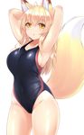  ahoge animal_ear_fluff animal_ears armpits arms_up artist_name blonde_hair blush breasts competition_swimsuit covered_navel cowboy_shot eyebrows_visible_through_hair fox_ears fox_tail hair_between_eyes highres large_breasts long_hair looking_at_viewer one-piece_swimsuit original parted_lips sideboob simple_background sogaya solo swimsuit tail white_background yellow_eyes 