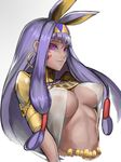  animal_ears arm_at_side bangs blunt_bangs breasts bunny_ears closed_mouth commentary covered_nipples dark_skin earrings egyptian_clothes extra_ears facial_mark fate/grand_order fate_(series) hair_tubes hairband highres hoop_earrings jewelry kumiko_shiba large_breasts long_hair looking_at_viewer nitocris_(fate/grand_order) purple_eyes purple_hair sidelocks simple_background solo upper_body white_background 