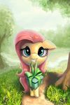  blue_eyes day detailed_background equine eyelashes female feral fluttershy_(mlp) friendship_is_magic grass hair looking_at_viewer mammal my_little_pony nemo2d outside pegasus pink_hair solo tree wings 