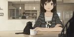  arm_support blurry brown_eyes brown_hair cat commentary cup depth_of_field highres indoors kitchen kitten long_hair looking_at_viewer multiple_girls muted_color original plant potted_plant refrigerator shion_(mirudakemann) short_hair smile sonic_youth teacup 