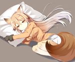  animal_ears black_background black_gloves blazer blonde_hair blush breast_pocket breasts brown_eyes brown_hair closed_mouth eyebrows_visible_through_hair ezo_red_fox_(kemono_friends) fox_ears fox_tail from_above from_side frown full_body fur_trim gloves hair_between_eyes highres jacket kemono_friends long_hair long_sleeves lying medium_breasts multicolored_hair on_side pantyhose pillow pleated_skirt pocket sada_(sadahalu) shadow skirt solo streaked_hair tail very_long_hair waking_up white_hair white_skirt yellow_legwear 