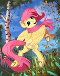  2017 arthropod butterfly cutie_mark detailed_background equine feathered_wings feathers female feral fluttershy_(mlp) friendship_is_magic fur hair hi_res hooves insect long_hair mammal my_little_pony open_mouth outside pegasus pink_hair tree wings yakovlev-vad 