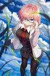  adjusting_eyewear angry baisi_shaonian bangs black-framed_eyewear black_dress black_legwear blue_sky cloud cloudy_sky day dress eyebrows_visible_through_hair eyes_visible_through_hair fate/grand_order fate_(series) glasses grass hair_over_one_eye hand_on_hip highres hood hoodie looking_at_viewer mash_kyrielight open_clothes open_hoodie outdoors pantyhose pink_hair pleated_dress pleated_skirt purple_eyes short_dress short_hair skirt sky solo standing 