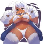  2017 :d ahoge artist_name blue_scarf breasts dark_skin eyebrows_visible_through_hair from_below fur_bikini green_eyes highres large_breasts looking_at_viewer looking_down monster_girl_encyclopedia navel non-web_source open_mouth paws scarf signature smile solo tilt-shift white_fur white_hair yeti_(monster_girl_encyclopedia) 