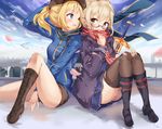  absurdres arm_up artoria_pendragon_(all) between_legs bird black_footwear black_hat black_jacket black_legwear black_shorts blonde_hair blue_eyes blue_jacket blue_scarf blue_shirt blue_skirt boots cherry_blossoms cloud day excalibur fate/grand_order fate_(series) full_body glasses hair_between_eyes hand_between_legs hand_on_own_knee hat highres jacket long_hair miniskirt multiple_girls mysterious_heroine_x mysterious_heroine_x_(alter) open_mouth ponytail red_scarf scarf school_uniform serafuku shirt short_hair short_shorts shorts silver_hair sitting skirt suigetsu_(hjs1106) sword thighhighs weapon 