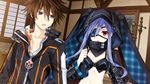  1girl animal_ears blue_eyes blue_hair blush brown_hair effole_(fairy_fencer_f) eyepatch fairy_fencer_f fang_(fairy_fencer_f) game_cg hood hoodie long_hair official_art open_mouth red_eyes tsunako 