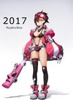  2017 absurdres bandaid bandaid_on_face bangs bat bikini black_bikini breasts brown_hair chunrijun_(springer) cleavage closed_mouth coat crossed_bandaids earrings full_body goggles goggles_on_head hair_over_one_eye highres holding holding_weapon jewelry legs_apart looking_at_viewer medium_breasts mismatched_legwear navel open_clothes open_coat original over-kneehighs shadow short_hair single_over-kneehigh single_thighhigh skull solo standing stud_earrings swimsuit thighhighs weapon yellow_eyes 