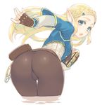  amazuyu_tatsuki ass bangs bent_over blonde_hair blue_eyes braid breasts brown_gloves crown_braid fingerless_gloves french_braid from_behind gloves long_hair long_sleeves looking_back medium_breasts object_hug open_mouth parted_bangs pointy_ears princess_zelda simple_background solo tablet the_legend_of_zelda the_legend_of_zelda:_breath_of_the_wild trefoil wading white_background 