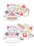  2koma =d ascot bat_wings blonde_hair blush cake closed_eyes comic crystal cup eating flandre_scarlet food fork hat hat_ribbon itatatata lavender_hair mob_cap multiple_girls open_mouth puffy_short_sleeves puffy_sleeves remilia_scarlet ribbon short_hair short_sleeves siblings side_ponytail sisters sketch smile teacup touhou wings 