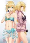  ahoge artoria_pendragon_(all) bandeau bikini blonde_hair blue_eyes blush breast_lift breasts cleavage fate/apocrypha fate/stay_night fate_(series) from_side front-tie_top green_eyes groin hand_on_own_chest jeanne_d'arc_(fate) jeanne_d'arc_(fate)_(all) jewelry medium_breasts multiple_girls navel necklace purple_eyes saber sarong sleeves_past_wrists small_breasts smile swimsuit swimsuit_under_clothes thealagator thighs 