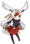  cosplay gradient_hair hairband head_wings japanese_clothes kantai_collection kemono_friends long_hair minase_(takaoka_nanase) multicolored_hair muneate red-crowned_crane_(kemono_friends) red_hair scarf shoukaku_(kantai_collection) shoukaku_(kantai_collection)_(cosplay) simple_background skirt solo tail_feathers white_background white_hair 