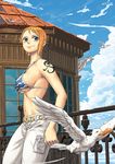  against_railing alsea arm_at_side artist_name bare_arms bare_shoulders bikini_top bird blue_eyes blue_sky breasts cloud collarbone commentary_request cowboy_shot dated day from_side ironwork leaning_on_object looking_afar looking_up medium_breasts nami_(one_piece) navel one_piece orange_hair outdoors pants peaceful pocket seagull short_hair shoulder_tattoo sideboob sky smile stomach strap_gap tattoo underboob window 