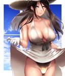  big.g black_hair blue_eyes breasts choker cloud cloudy_sky day dress dress_lift hat highleg highres large_breasts lifted_by_self light_smile long_hair looking_at_viewer original panties sky solo straw_hat underwear white_dress 