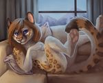  2016 anthro blue_sclera breasts convenient_censorship covering covering_breasts detailed detailed_background digital_media_(artwork) feline female fur hair happy inside legs_up long_hair lying mammal nude ocelot on_side orange_fur pawpads smile sofa solo spots spotted_fur thayrustback white_fur 