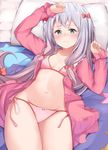  absurdres bangs bikini blouse blue_eyes blush bow breasts closed_mouth collarbone eromanga_sensei eyebrows_visible_through_hair frills hair_bow highres izumi_sagiri long_hair long_sleeves looking_at_viewer lying maosame navel nose_blush on_back open_blouse open_clothes pajamas pillow pink_bikini pink_bow side-tie_bikini silver_hair small_breasts solo sweat swimsuit thighs 