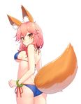  :&gt; animal_ears ass bangle bare_arms bare_shoulders bikini blue_bikini blush bracelet breasts closed_mouth eyebrows_visible_through_hair fate/extra fate_(series) fox_ears fox_tail from_behind heart highres jewelry long_hair looking_back low-tied_long_hair medium_breasts narynn red_ribbon ribbon shiny shiny_hair side-tie_bikini sideboob simple_background smile solo string_bikini swimsuit tail tamamo_(fate)_(all) tamamo_no_mae_(fate) tamamo_no_mae_(swimsuit_lancer)_(fate) tsurime white_background 